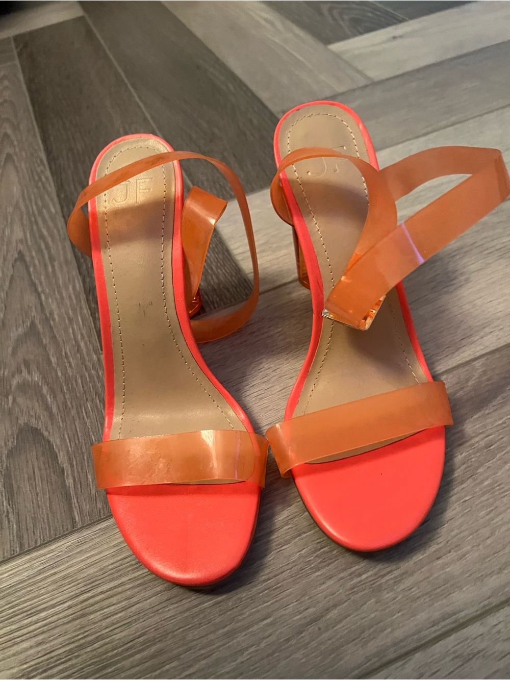 JustFab Coral Pink Open-Toe Heeled Sandals with Translucent Orange Straps